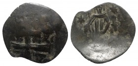 Andronicus II Palaeologus (1282-1328). Æ Trachy (21mm, 1.69g, 6h). Thessalonica. Patriarchal cross; star to lower l. and r. R/ Andronicus standing fac...