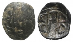 Andronicus II Palaeologus (1282-1328). Æ Trachy (17mm, 1.76g). Thessalonica. Large six-pointed petal star. R/ Andronicus standing facing, flanked by t...