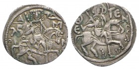 Alexius III (Emperor of Trebizond, 1349-1390). AR Asper (22mm, 2.73g, 6h). St. Eugenius, holding cruciform sceptre, on horseback r. R/ Alexius, holdin...