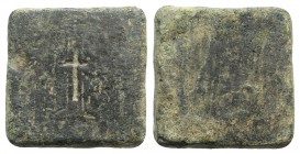 Byzantine Square Commercial Weight, 5th-7th centuries AD. Æ Half Ounce (22mm, 13.89g). Engraved cross. R/ Blank. Green patina