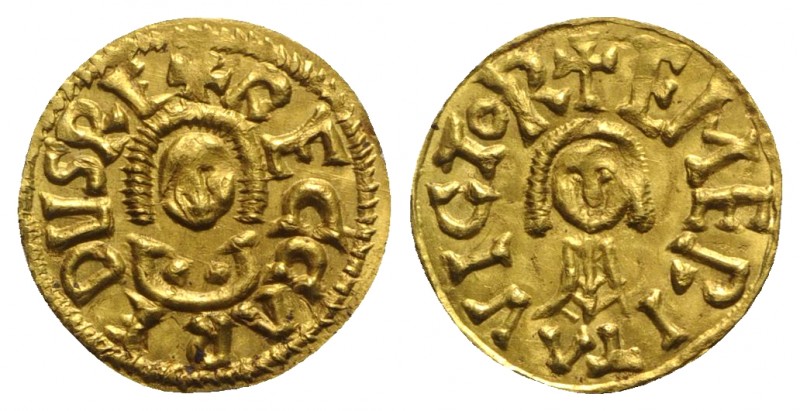 Visigoths, Spain. Reccared I (586-601). AV Tremissis (18mm, 1.45g, 11h). Emerita...
