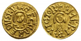 Visigoths, Spain. Reccared I (586-601). AV Tremissis (18mm, 1.45g, 11h). Emerita. Facing bust. R/ Facing bust. Miles, Visigoths, 94. Good VF