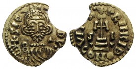 Lombards, Beneventum. Siconulf (Usurper in Salerno, 839-849). AV Solidus (22.5mm, 3.16g, 12h). Crowned bust facing, holding globus cruciger; triangle ...