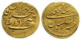 Iran, Fath Ali Shah (AH 1212-50 / AD 1797-1834 ). AV Toman (20mm, 2.96g, 11h), 1244H. Teheran. KM 757.5. Good VF
