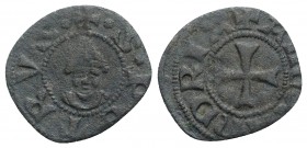 Italy, Alessandria, 14th century. BI Denaro Imperiale Piccolo (12.5mm, 0.48g, 2h). Cross. R/ Bust facing of S. Peter. MIR 14. VF