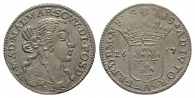 Italy, Fosdinovo. Maria Maddalena Centurioni Malaspina (1663-1669). AR Luigino 1667 (21mm, 1.93g, 6h). Draped bust r. R/ Crowned coat-of-arms; rosette...