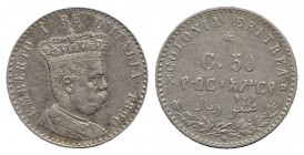 Italy, Regno d'Italia Umberto I (1878-1900). Eritrea colony. 50 Centesimi 1890 (18mm, 2.49g, 6h). Pagani 637. VF
