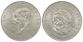 Mexico. AR 5 Pesos 1959, Centennial of Carranza's Birth (36mm, 18.12g, 6h). KM 471. Good VF
