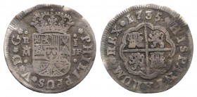 Spain, Felipe V (1724-1746). AR Real 1735, Madrid (20mm, 2.60g, 12h). Crowned arms. R/ Cross; castles and lions in quarters. Calicò 1543. Ex mounted, ...
