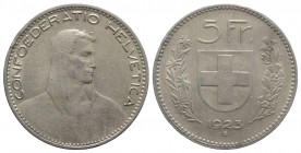 Switzerland. AR 5 Francs 1923 (37mm, 25.00g, 6h). KM 37. Good VF