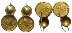 Pair of Gold Earrings with Byzantine Solidii (Justinian I and Maurice Tiberius). Lot sold as is, no return