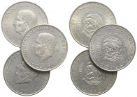 Mexico, lot of 3 coins (5 Pesos 1955, 1956, 1957). Lot sold as is, no return