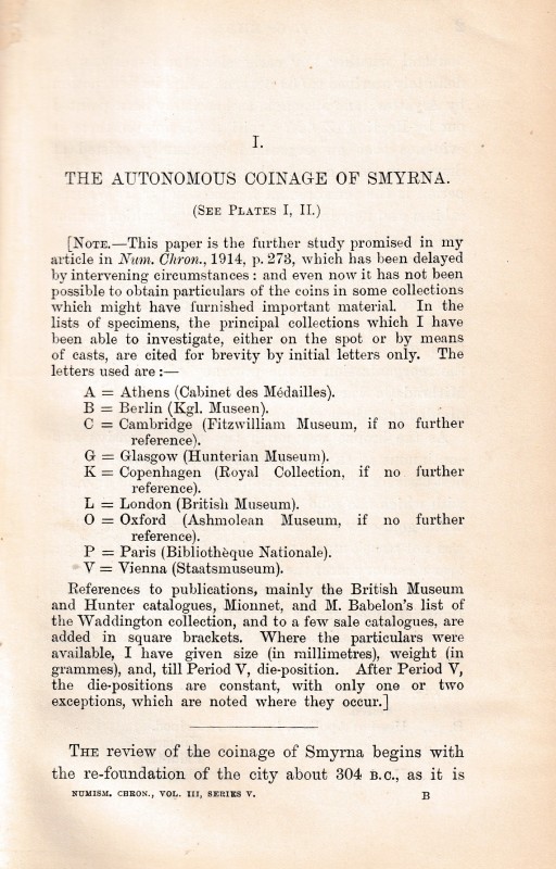 Milne J.G., The Autonomous Coinage of Smyrna. Offprint from Numismatic Chronicle...