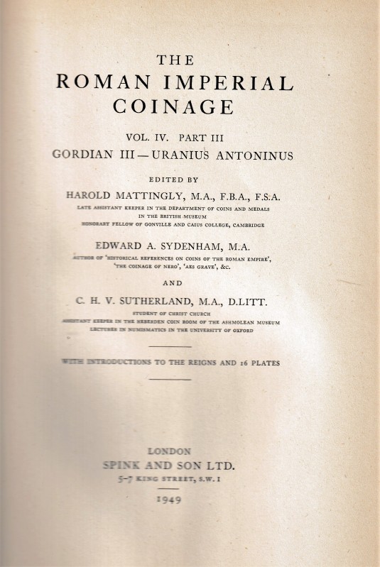 RIC IV - The Roman Imperial Coinage Volume IV. Mattingly M.A., Sydenham E.A., Su...