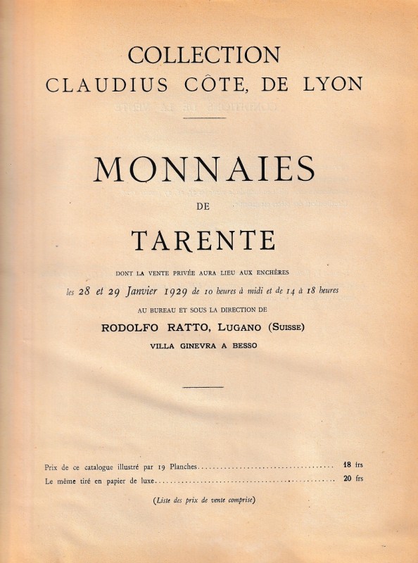 Ratto R., Monnaies de Tarante - Collection Claudius Côte de Lyon. Lugano, 28-29 ...