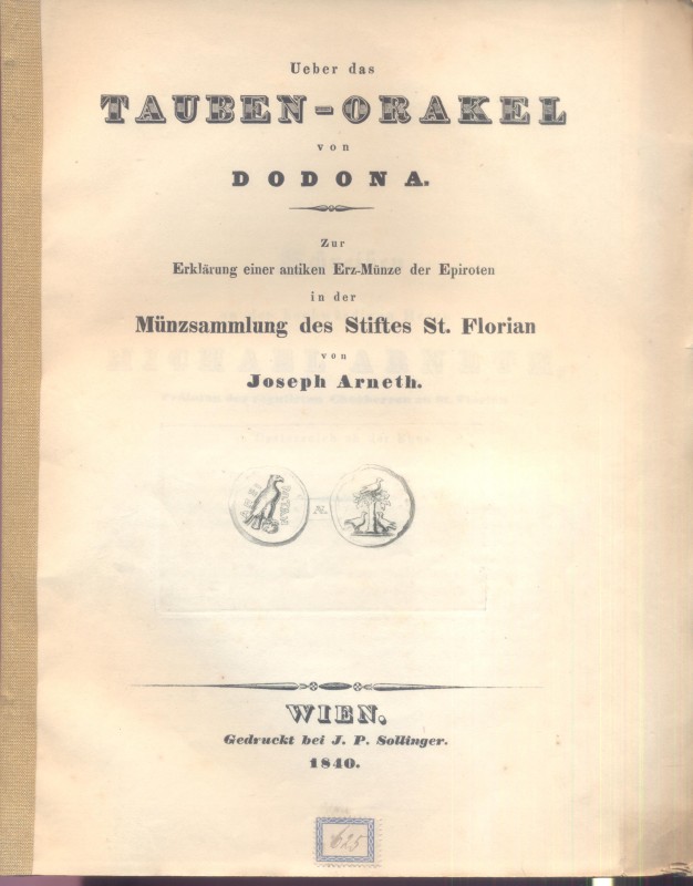 ARNETH J. – Erklarung einer antiken Erz-Munze der Epiroten in der Munzsammlung d...