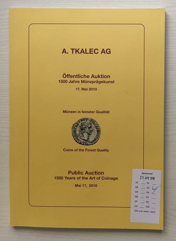 Tkalec Public Auction 2010. Zurich 17 May 2010. Brossura ed. lotti 490, ill. a c...