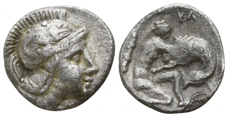 Calabria. Tarentum circa 380-344 BC.
Diobol AR

11mm., 0,88g.

Head of Athe...