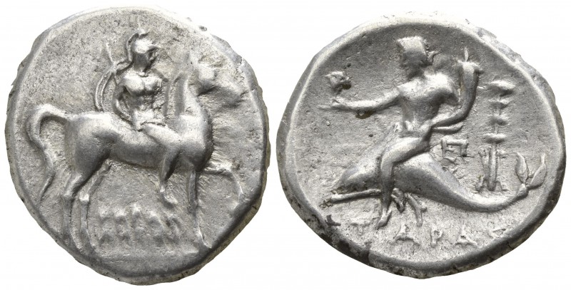 Calabria. Tarentum circa 272-240 BC.
Nomos AR

20mm., 6,27g.

Warrior with ...