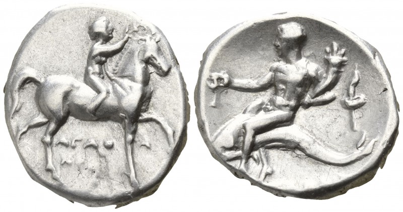 Calabria. Tarentum. ΑΓΑΘΑΡΧΟΣ, magistrate circa 272-240 BC.
Nomos AR

20mm., ...