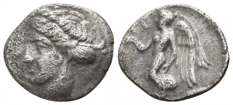 Bruttium. Terina circa 420-400 BC.
Diobol AR

11mm., 0,69g.

Female head le...