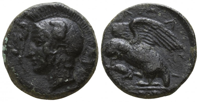 Sicily. Kamarina 420-405 BC.
Tetras AE

15mm., 3,35g.

Helmeted head of Ath...