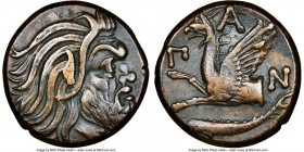 CIMMERIAN BOSPORUS. Panticapaeum. 4th century BC. AE (21mm, 12h). NGC Choice VF. Head of bearded Pan right / Π-A-N, forepart of griffin left, sturgeon...