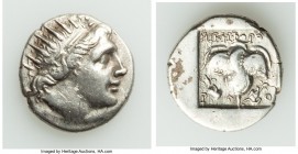 CARIAN ISLANDS. Rhodes. Ca. 88-84 BC. AR drachm (15mm, 2.41 gm, 12h). VF. Plinthophoric standard, Nicephorus, magistrate. Radiate head of Helios right...