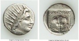 CARIAN ISLANDS. Rhodes. Ca. 88-84 BC. AR drachm (14mm, 2.59 gm, 12h). VF. Plinthophoric standard, Nicagoras, magistrate. Radiate head of Helios right ...