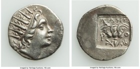 CARIAN ISLANDS. Rhodes. Ca. 88-84 BC. AR drachm (16mm, 2.40 gm, 12h). XF. Plinthophoric standard, Maes, magistrate. Radiate head of Helios right / MAH...