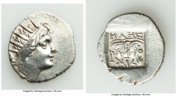 CARIAN ISLANDS. Rhodes. Ca. 88-84 BC. AR drachm (16mm, 2.51 gm, 12h). XF. Plinthophoric standard, Maes, magistrate. Radiate head of Helios right / MAH...