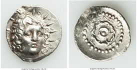 CARIAN ISLANDS. Rhodes. Ca. 84-30 BC. AR drachm (20mm, 4.02 gm, 1h). Choice XF, scuff. (Ain)eas, magistrate. Radiate head of Helios facing, turned sli...