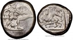PAMPHYLIA. Aspendus. Ca. mid-5th century BC. AR stater (20mm, 10h). NGC VF. Helmeted nude hoplite warrior advancing right, shield in left hand, spear ...