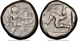 PAMPHYLIA. Aspendus. Ca. mid-5th century BC. AR stater (20mm, 12h). NGC VF, brushed. Helmeted nude hoplite warrior advancing right, shield in left han...