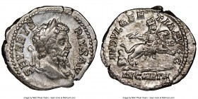 Septimius Severus (AD 193-211). AR denarius (20mm, 6h). NGC XF. Rome, AD 202-210. SEVERVS PIVS AVG, laureate head of Septimius Severus right, seen fro...