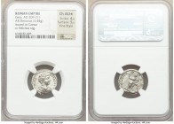 Geta (AD 198-209). AR denarius (18mm, 3.44 gm, 1h). NGC Choice AU S 4/5 - 5/5, Fine Style. Rome, AD 198-200 L SEPTIMIVS-GETA CAES, bare headed, draped...