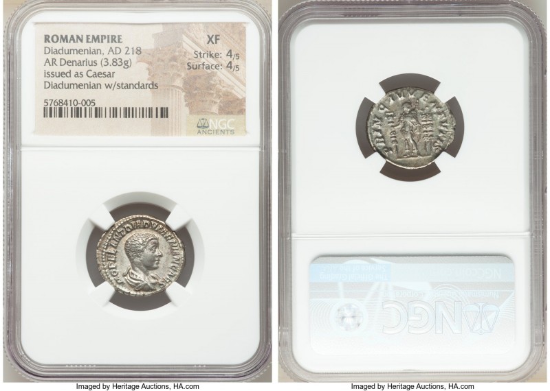 Diadumenian, as Caesar (AD 217-218). AR denarius (19mm, 3.83 gm, 6h). NGC XF 4/5...