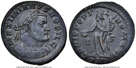 Galerius, as Caesar (AD 305-311). BI follis or nummus (28mm, 6h). NGC Choice AU. Trier, 1st officina, AD 303-305. MAXIMIANVS NOBIL C, laureate, cuiras...