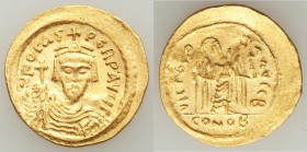 Phocas (AD 602-610). AV solidus (22mm, 4.49 gm, 7h). About XF, die shift. Constantinople, 5th officina, AD 607-609. d N FOCAS-PЄRP AVG, crowned, drape...