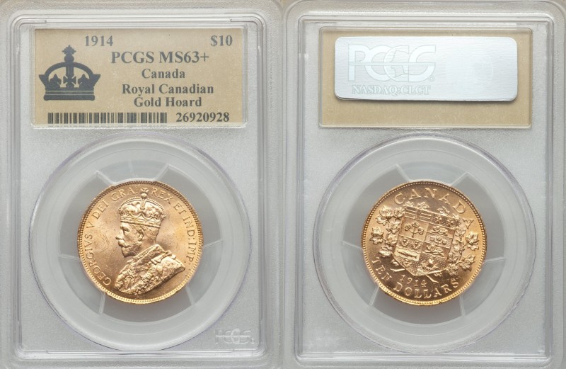 George V gold 10 Dollars 1914 MS63+ PCGS, Ottawa mint, KM27. Lowest mintage of t...