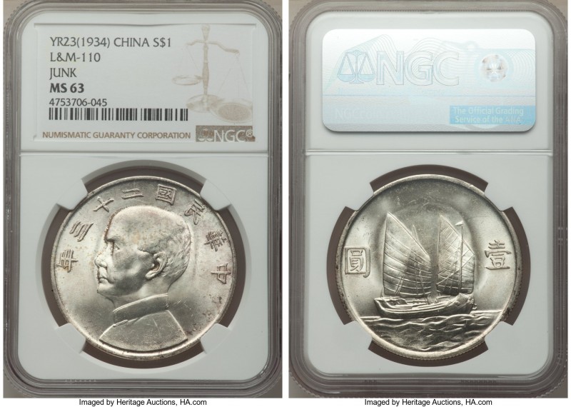 Republic Sun Yat-sen "Junk" Dollar Year 23 (1934) MS63 NGC, KM-Y345, L&M-110. Lu...