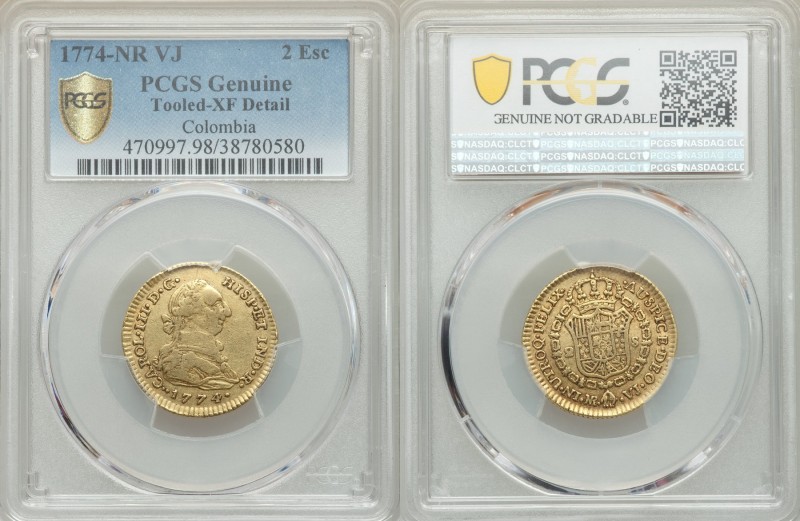 Charles III gold 2 Escudos 1774 NR-VJ XF Details (Tooled) PCGS, Nuevo Reino (Bog...