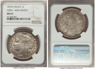 Republic 5 Francs 1870-A MS63 NGC, Paris mint, KM819. Cartwheel luster slightly subdued by taupe toning. 

HID09801242017

© 2020 Heritage Auction...