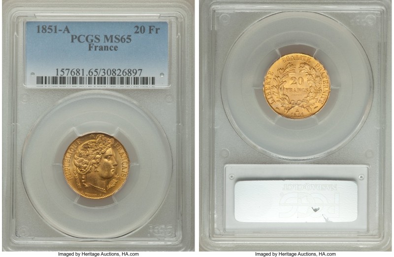 Republic gold 20 Francs 1851-A MS65 PCGS, Paris mint, KM762. Last year of three ...