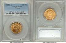 Republic gold 20 Francs 1851-A MS65 PCGS, Paris mint, KM762. Last year of three year type. AGW 0.1867 oz. 

HID09801242017

© 2020 Heritage Auctio...