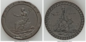 George III Engraved Penny 1797 VF (Edge Bumps), KM618. Obverse engraved VI' / No. 18 1810 pile of shields and other elements surrounded by wreath. 35....
