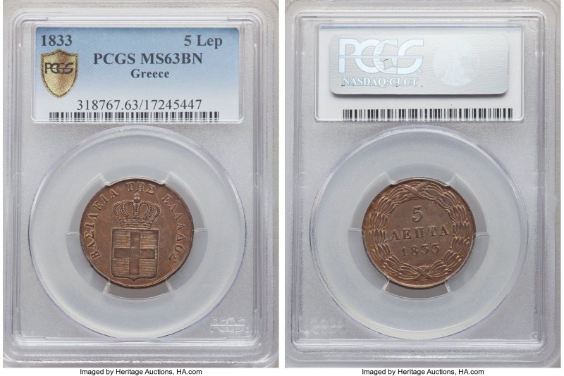 Othon 5 Lepta 1833 MS63 Brown PCGS, KM16.

HID09801242017

© 2020 Heritage A...