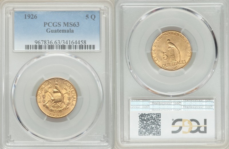 Republic gold 5 Quetzales 1926-(P) MS63 PCGS, Philadelphia mint, KM244. Sought a...