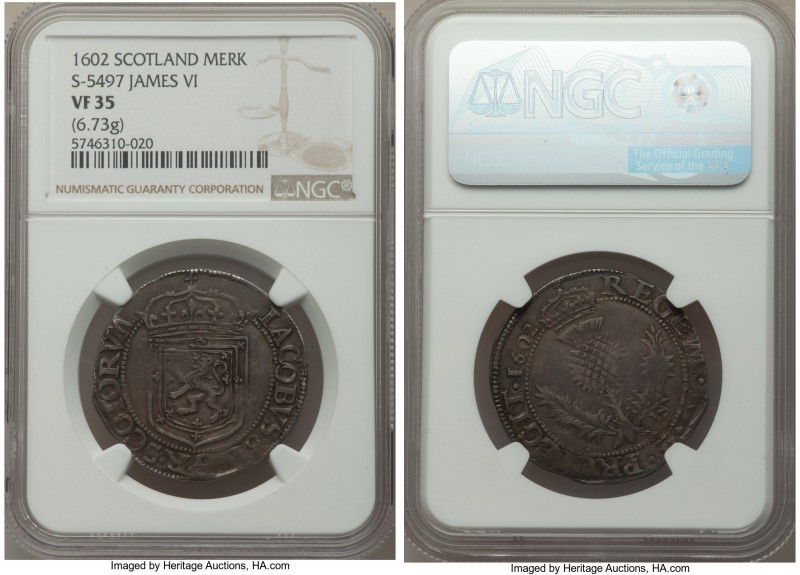 James VI "Thistle" Merk 1602 VF35 NGC, Eighth Coinage, KM16, S-5497. 32mm. 6.73g...