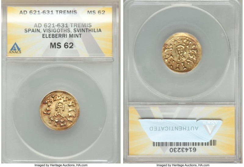 Visigoths. Suinthila gold Tremissis ND (621-631) MS62 ANACS, Eliberri mint, Mile...